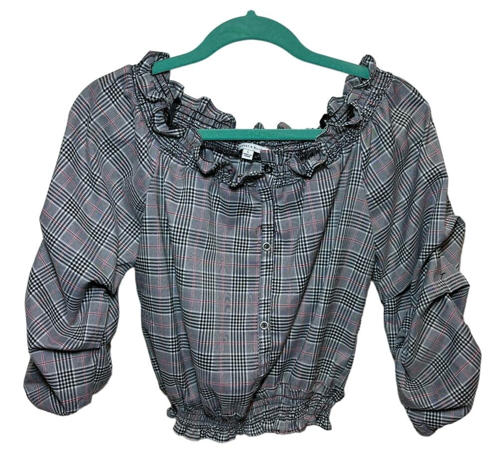 Crescent & Willough Cropped Off Shoulder Plaid Top Sz Large Peasant Cottagecore